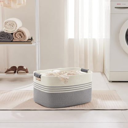 45L Small Laundry Basket with Leather Handles for Living Room Storage, Woven Rope Baskets Bin for Blanket, Kids Toy, Gifts, Wicker Hamper for Bedroom Dirty Clothes, 18"x14"x11" White Grey