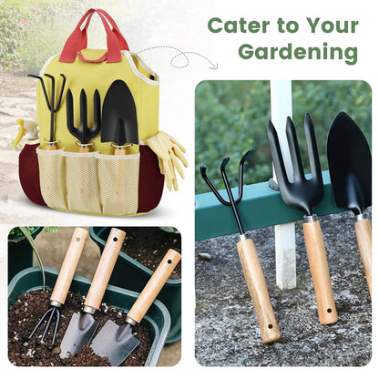 APSARAS USA Gardening Tools, Garden Tool Set, 10 Pieces Heavy Duty Sturdy Steel Gardening Tool Set with 600D Oxford Cloth Storage Tote Bag, Durable Supplies Kit Perfect Garden Gifts for Father