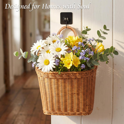 MIPON 2 Pack Handmade Woven Hanging Wicker Basket, Waterproof Plastic Rattan Wall Mounted Organizer, Small & Large Storage Baskets for Bathroom, Kitchen,Entryway,Farmhouse Decor,Flower,Mail, Plant