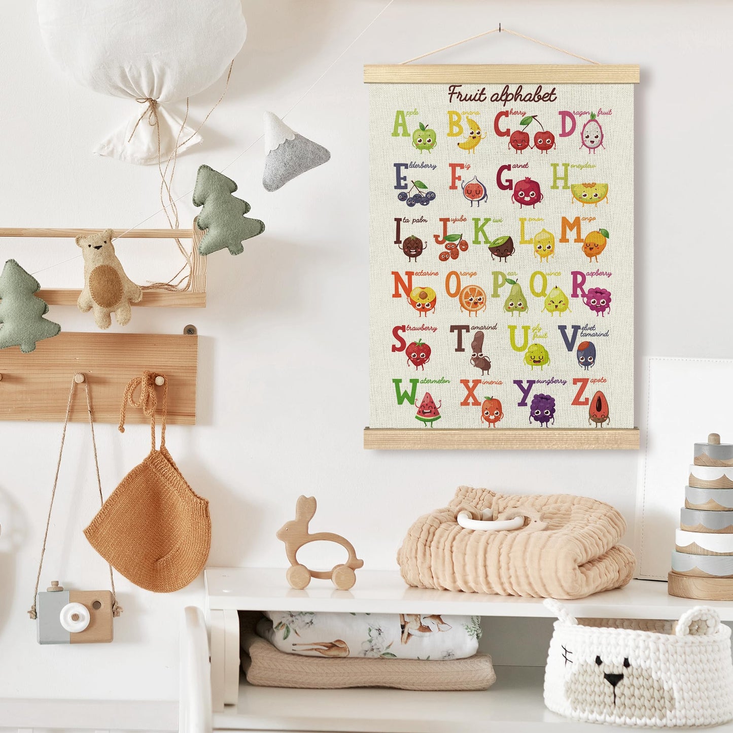 BCUANGD ABC Kids Wall Art - Fruit Alphabet Educational Wall Decor Poster Hanger with Wood Frames, Cute Classroom Wall Hanging Canvas Decor for Playroom Nursery Toddler Kids Room, 12x16 Inches