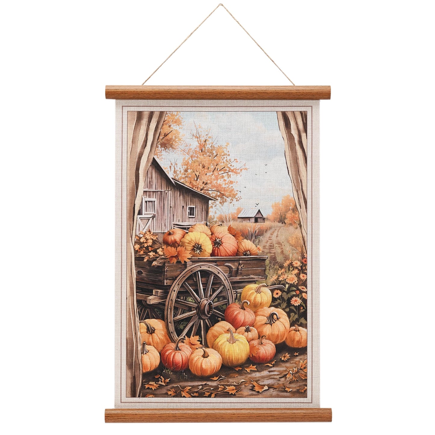ArtbyHannah Farmhouse Fall Wall Art Decor, Harvest Autumn Thanksgiving Scroll Wall Decor for Bedroom Bathroom Door Home Decor, Rustic Linen Wall Hanging Artwork with Pumpkin Barn Scene, 16x24 Inch