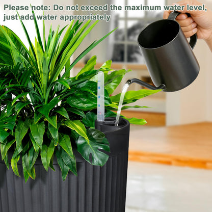 PolarcoForgeco Self Watering Tall Black Planters Outdoor Set of 2, 24” Flower Pots Planters for Outdoor Plants, Modern Plastic Tall Planter for Front Porch, with Drainage Hole (Ribbed)