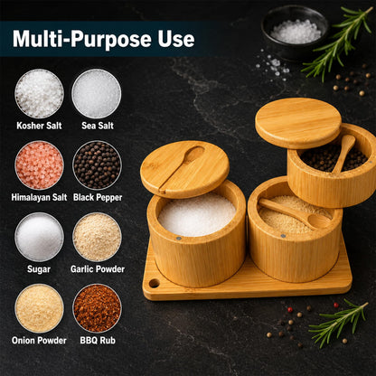 Bamboo Salt Cellar Set with Tray, Single & Double-Tier Salt and Pepper Cellar with Spoon & Magnetic Swivel Lid, 16 Labels, Spice Containers for Salt, Sugar, Pepper, Spices, Kitchen Organizer 9OZ Each