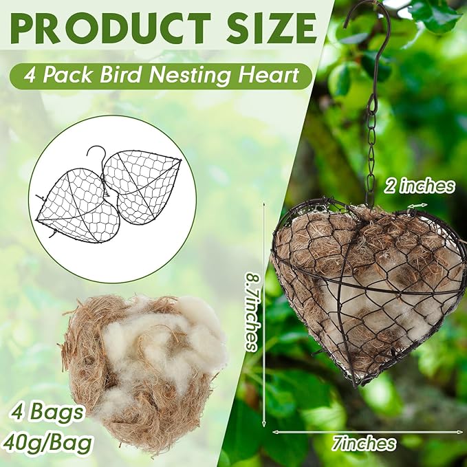 Menkxi 4 Pcs Bird Nesting Material, Hummingbird Nest Gift Enjoy Birds Gardening Outside Cute Decor Refillable Nesting Gift for Bird Lovers, Spring Garden Decoration Gifts (Heart Shaped)