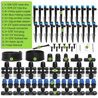 Bonviee 247FT Drip Irrigation System, Automatic Garden Watering System Kit with 50FT 5/16” & 1/4” Drip Tubing, Quick-to-Connect Fittings, Adjustable Drip Emitters for Raised Beds, Greenhouse, Lawn