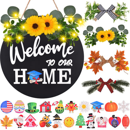 Interchangeable Welcome Home Sign, Front Door Decor With 4 Seasonal Wreaths and 21 Changeable Icons, Rustic Wood Wall Porch Hanger for Holiday Halloween Christmas Housewarming Gift (Black)