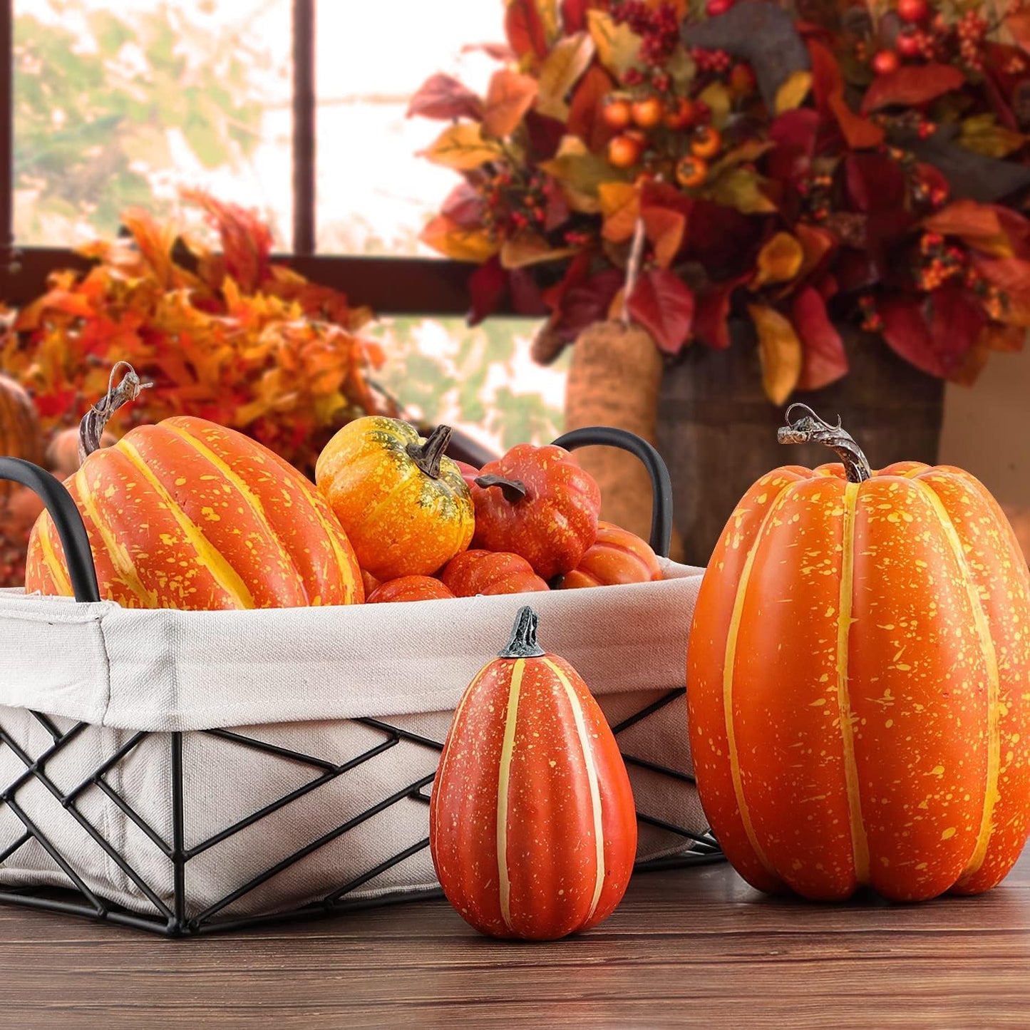 Ywlake 16 Pcs Pumpkin Fall Decorations, Decorative Large Small Outdoor Orange Foam Plastic Fake Faux Artificial Pumpkins for Halloween Autumn Harvest Festival Home Table Decor