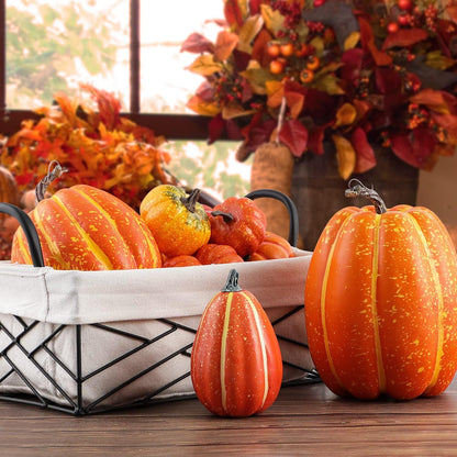 Ywlake 16 Pcs Pumpkin Fall Decorations, Decorative Large Small Outdoor Orange Foam Plastic Fake Faux Artificial Pumpkins for Halloween Autumn Harvest Festival Home Table Decor