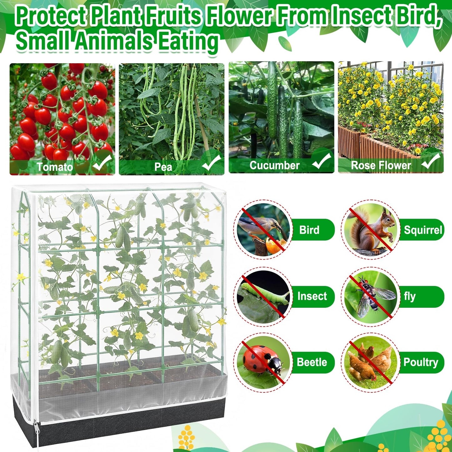 Garden Bird Netting Plant Cover for Cucumber Trellis, 52" x18''x66'' Insect Bird Barrier Garden Trellis Net with Zipper & Drawstring, Cucumber Trellis Netting Protection Cover for Protecting Plants