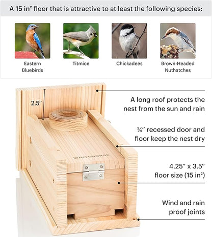 WHITEHORSE Bluebird House - Weatherproof Bird House for Outdoors - Cedar Birdhouse Built to NABS Specs - Nest Box for Bluebirds, Chickadees, Titmice, Wrens, Nuthatches & More (15” Floor)