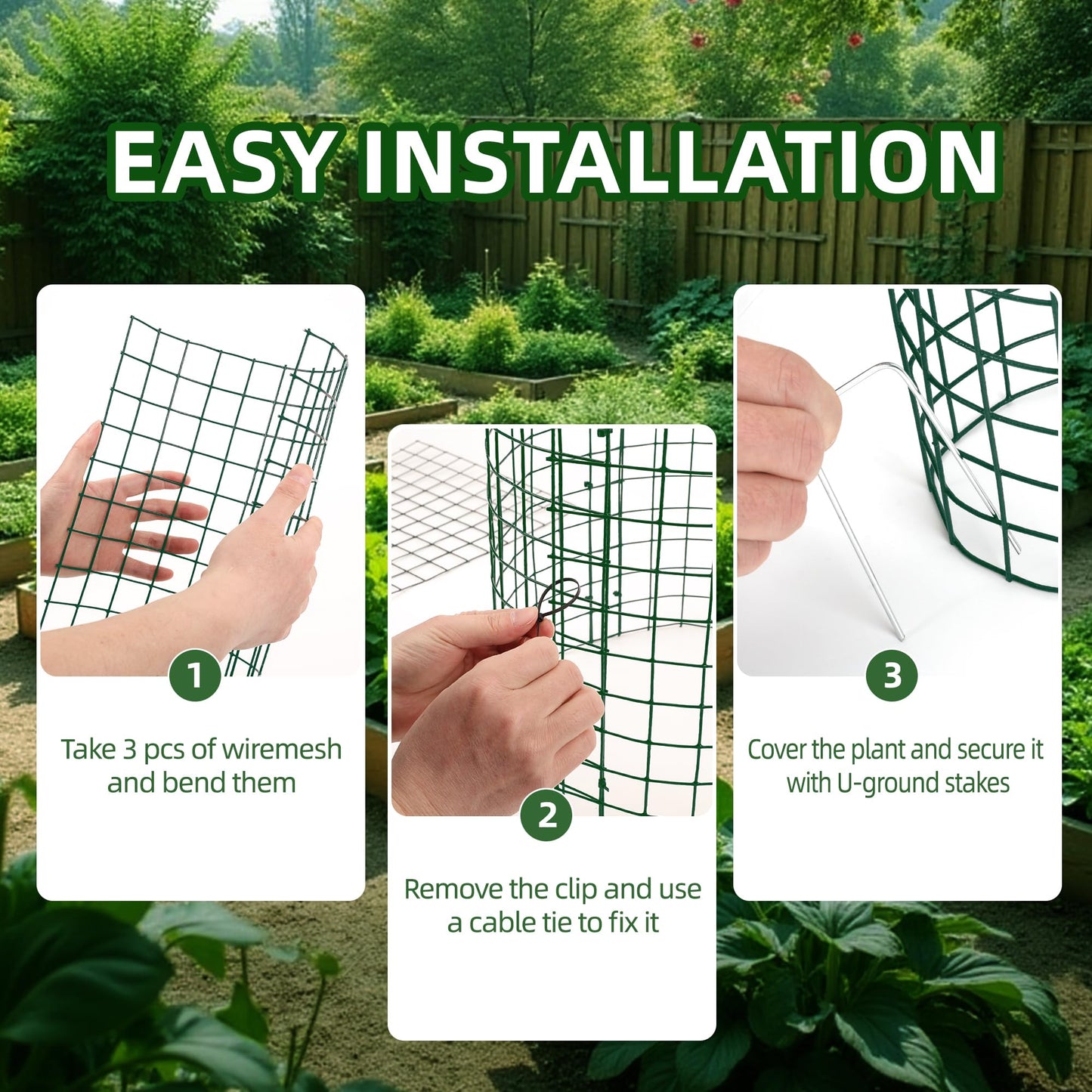 4 Sets of DIY Metal Plant Protectors from Deer, Garden Fencing Animal Barrier Size 11.8 * 12.9 inches, Mesh Plant Cage Chicken Wire Cloche for Plants with Stakes and Nylon Cables