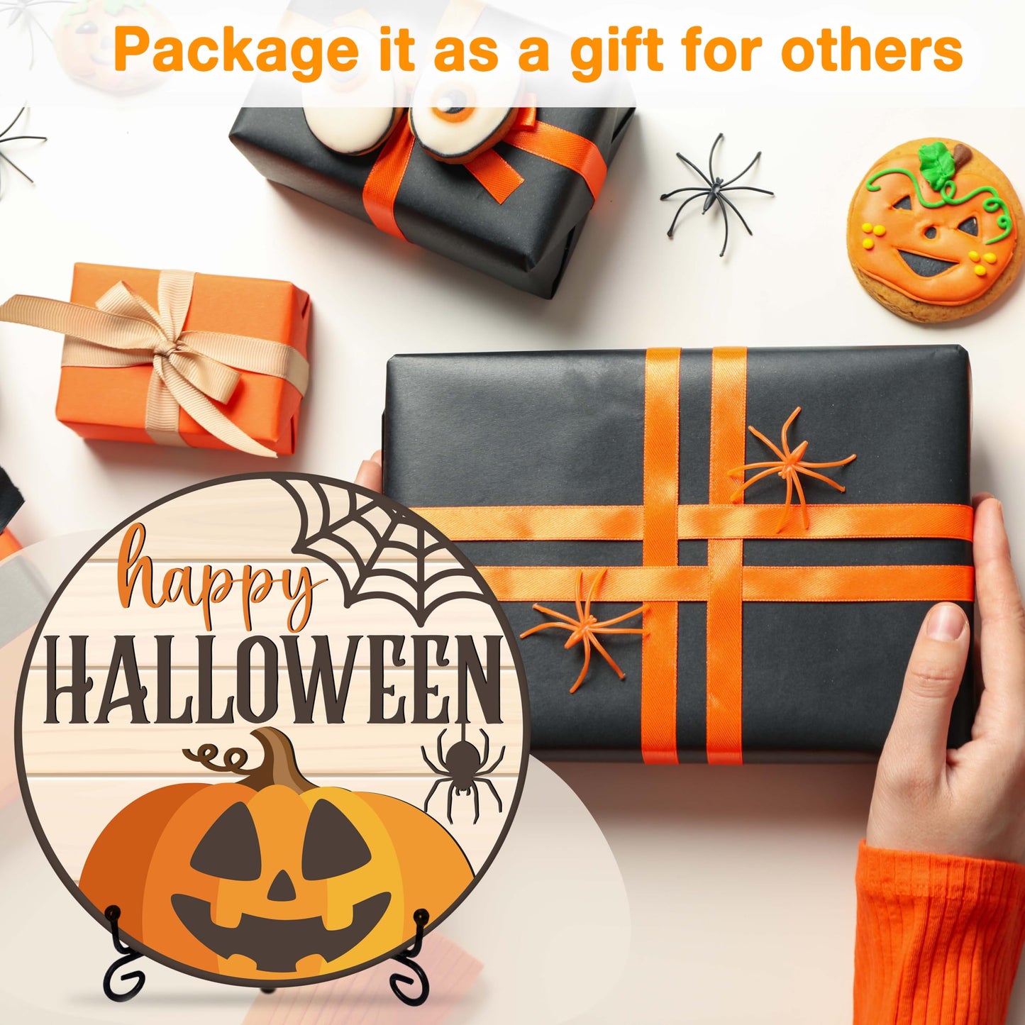 Seclate Halloween Desk Decorations for Home, Wooden Table Centerpieces 8x8 Inches with Iron Stand for Office Living Room Shelf Decor, Pumpkin Ghost Witch Design Gifts for Women Friends - E06