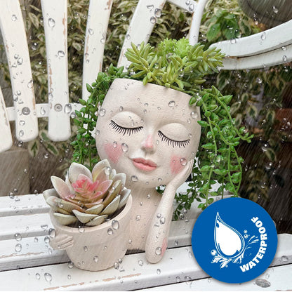 ASDFG Face Plant Pot - Double Flower Pots for Indoor Outdoor Plants Resin Head Planter with Drainage Hole Cute Lady Face Plant Pots, Garden Decoration Planters, Medium