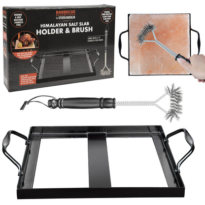 Steven Raichlen's Himalayan Salt Block Holder for 8x8 Salt Slabs with Stainless Steel Grill Brush – Heavy-Duty BBQ Rack with Handles – Grilling & Cooking Accessories for Indoor & Outdoor Use