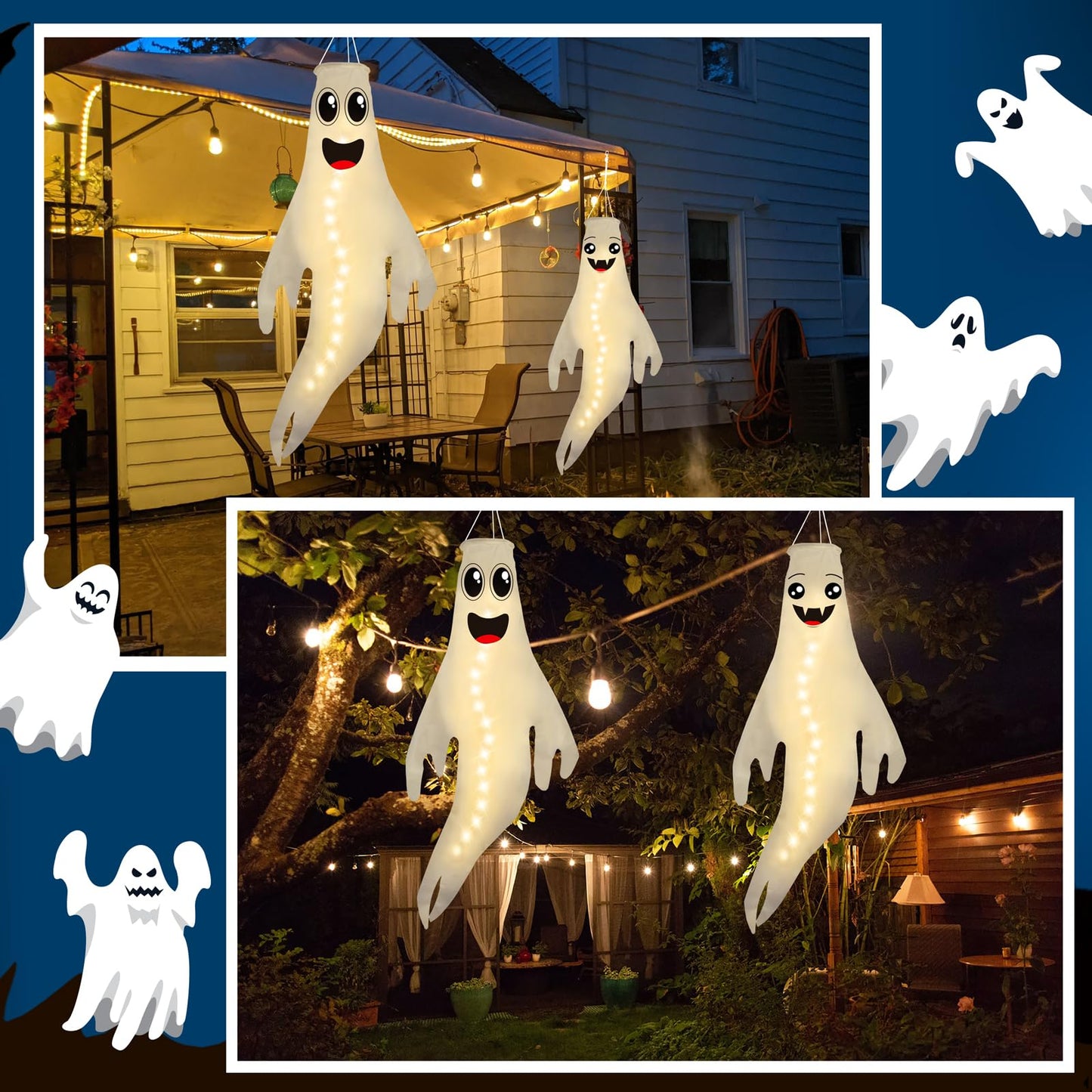 Geefuun 2PCS Warm Halloween CuteGhost Windsocks Hanging Decorations - 43 Inch Flag Wind Socks for Home Yard Outdoor Decor Party Supplies (Batteries Not Included,No Timer)