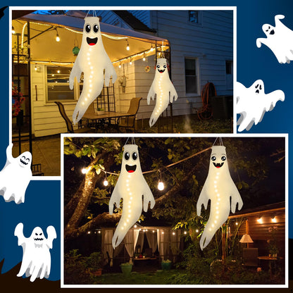 Geefuun 2PCS Warm Halloween CuteGhost Windsocks Hanging Decorations - 43 Inch Flag Wind Socks for Home Yard Outdoor Decor Party Supplies (Batteries Not Included,No Timer)
