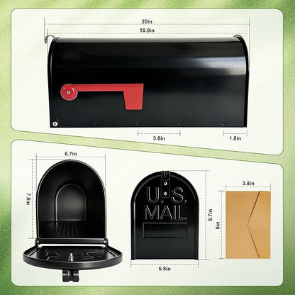 Black Galvanized Steel Post-Mount Mailbox, 19 x 8.7 x 6.7 inches, Standard Mail Box,Medium Capacity,Mailboxes for Outside Post Mount