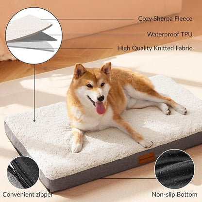 Patas Lague Orthopedic XL Dog Bed Large Sized Dog 42''X28'', Soft Waterproof Egg Crate Foam Large Pet Crate Beds Mat with Removable Washable Cover and Non-Slip Bottom, Ivory