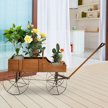 Aurcs Wooden Wagon Planter, Garden Wagon Cart Planter Pot Stand w/ 2 Planting Section, Adjustable Handle, Rolling Wheels, Planter Box Display for Succulent, Flowers, Vegetables (Natural)