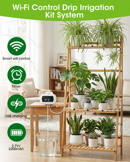 MQHUAYU Automatic Watering System for Potted Plants,[Wi-Fi & App Control] Smart Plant Watering Devices for Indoor Outdoor, Automatic Drip Irrigation System Device Kit-USB Charging,Water 10 Plants