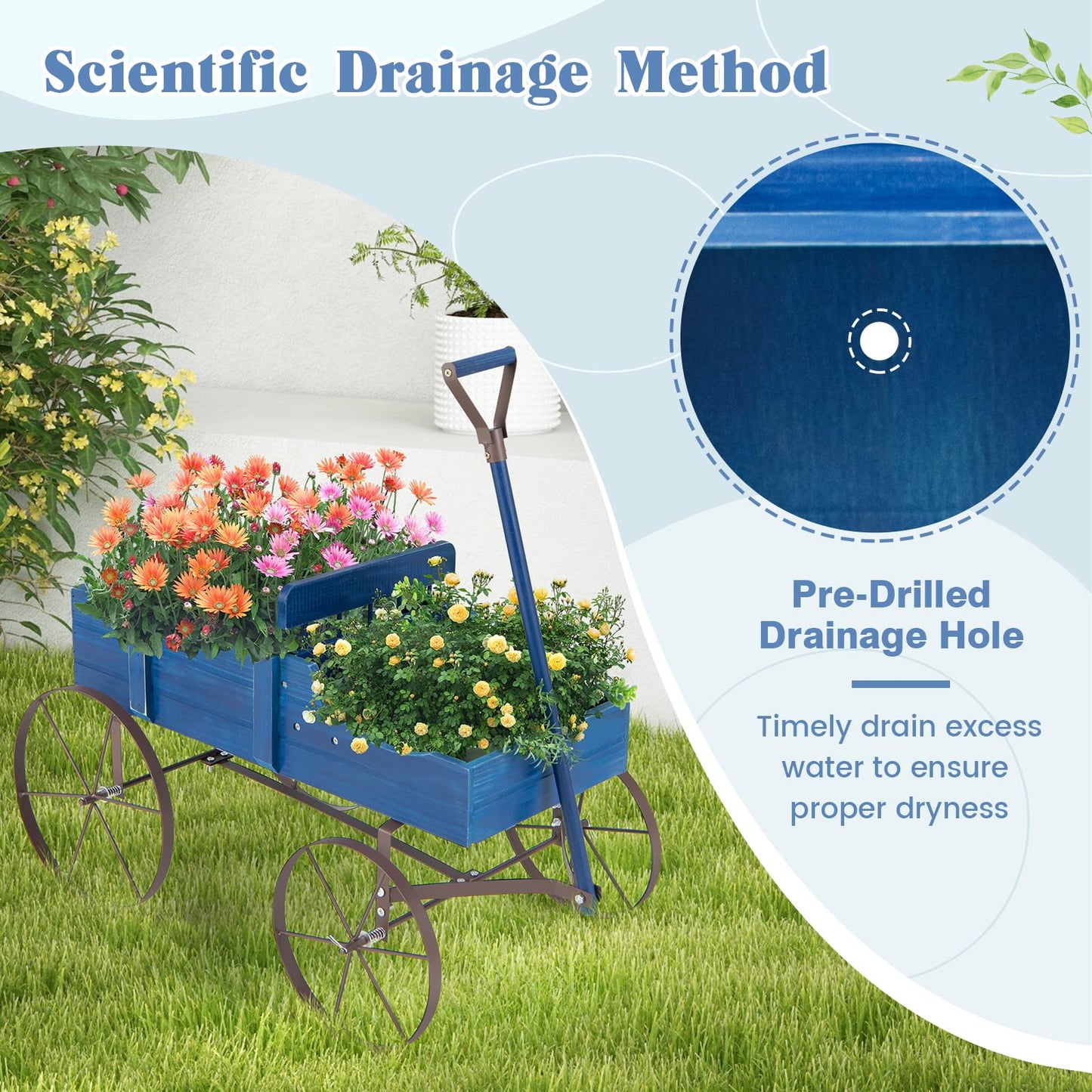 Giantex Decorative Garden Planter, Small Wagon Cart with Metal Wheels, Wood Raised Beds Plant Pot Stand for Backyard Garden Patio 24.5”Lx13.5”Wx24”H (Blue)