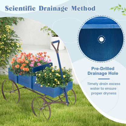 Giantex Decorative Garden Planter, Small Wagon Cart with Metal Wheels, Wood Raised Beds Plant Pot Stand for Backyard Garden Patio 24.5”Lx13.5”Wx24”H (Blue)