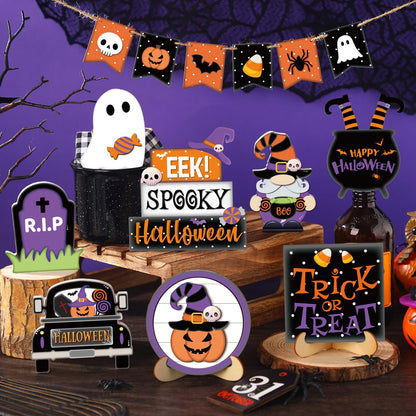 Umigy 15 Pcs Halloween Tiered Tray Decor Set Cute Ghost Tray Decorations Boo Halloween Wooden Signs Farmhouse Rustic Decoration for Home Table Party Supplies(Pumpkin)