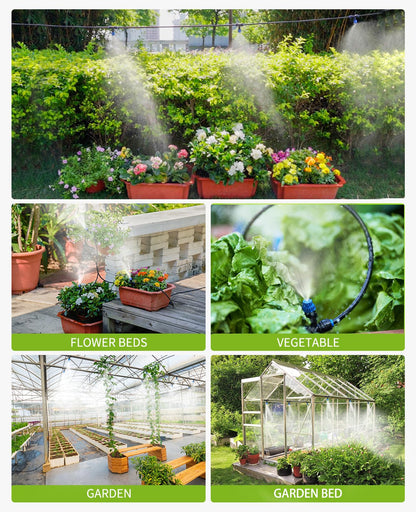 HIRALIY 59FT Greenhouse Misting Drip Irrigation Kit, Quick Connector Design, Irrigation System with 1/4" Tubing and Adjustable Nozzles for Hanging Plants, Garden Watering System for Raised Bed