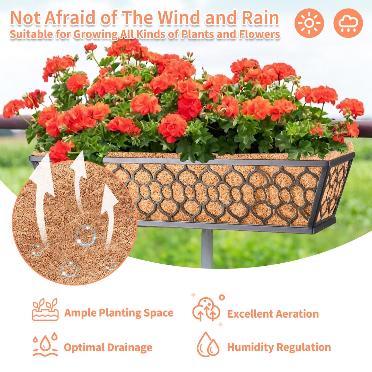 Riare 4 Pack 24 Inch Window Boxes Planters with Coco Liner, Metal Deck Railing Planter Boxes, Balcony Planters Railing Hanging, Horse Trough Window Flower Planter Boxes for Outdoor Porch Fence Patio