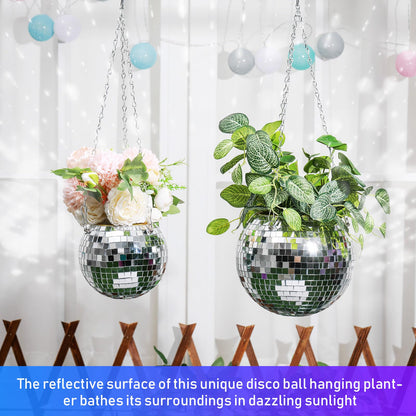 Romooa 4 Pcs 6/8 Disco Ball Planter Hanging Disco Ball Plant Hanger with Chain Hook and Ring Stand, Mirror Flower Pot for Indoor and Outdoor Plants 70s 80s Party Room Decorations, Sliver