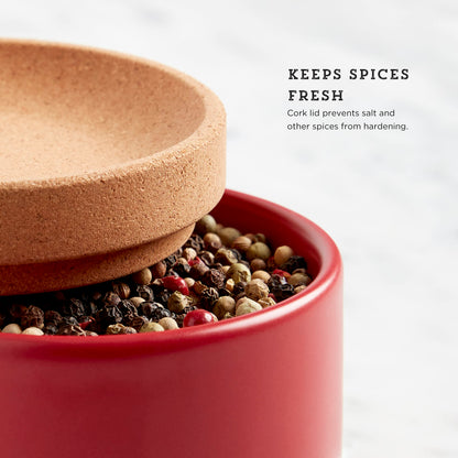 Ceramic and Cork 3 Piece Stackable Salt and Pepper Cellar For Countertop Space Saving1Easy Lift Lid to Retain Freshness for Easy Open, Natural Cork and Red Ceramic