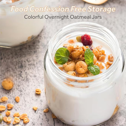 4 Pack Glass Clear Storage Canister with Airtight Lid, 12oz Overnight Oats Containers, Small Cute Decorative Pantry Jar for Snacks, Yogurt, Cereal, Fruit, Salad, Spice, Sugar, Coffee - Beige