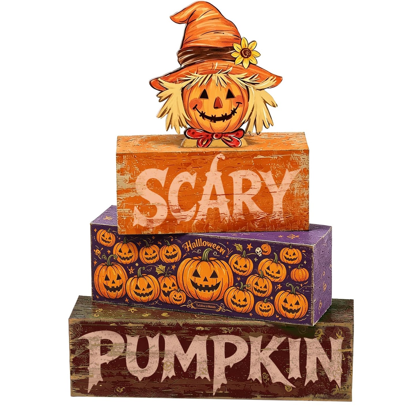 4 Pcs Halloween Table Decor Wooden Scarecrow Tiered Tray Decorations Rustic Farmhouse Tabletop Centerpiece Scary Pumpkin Wood Block Signs for Home Kitchen Shelf Mantel Office Desk