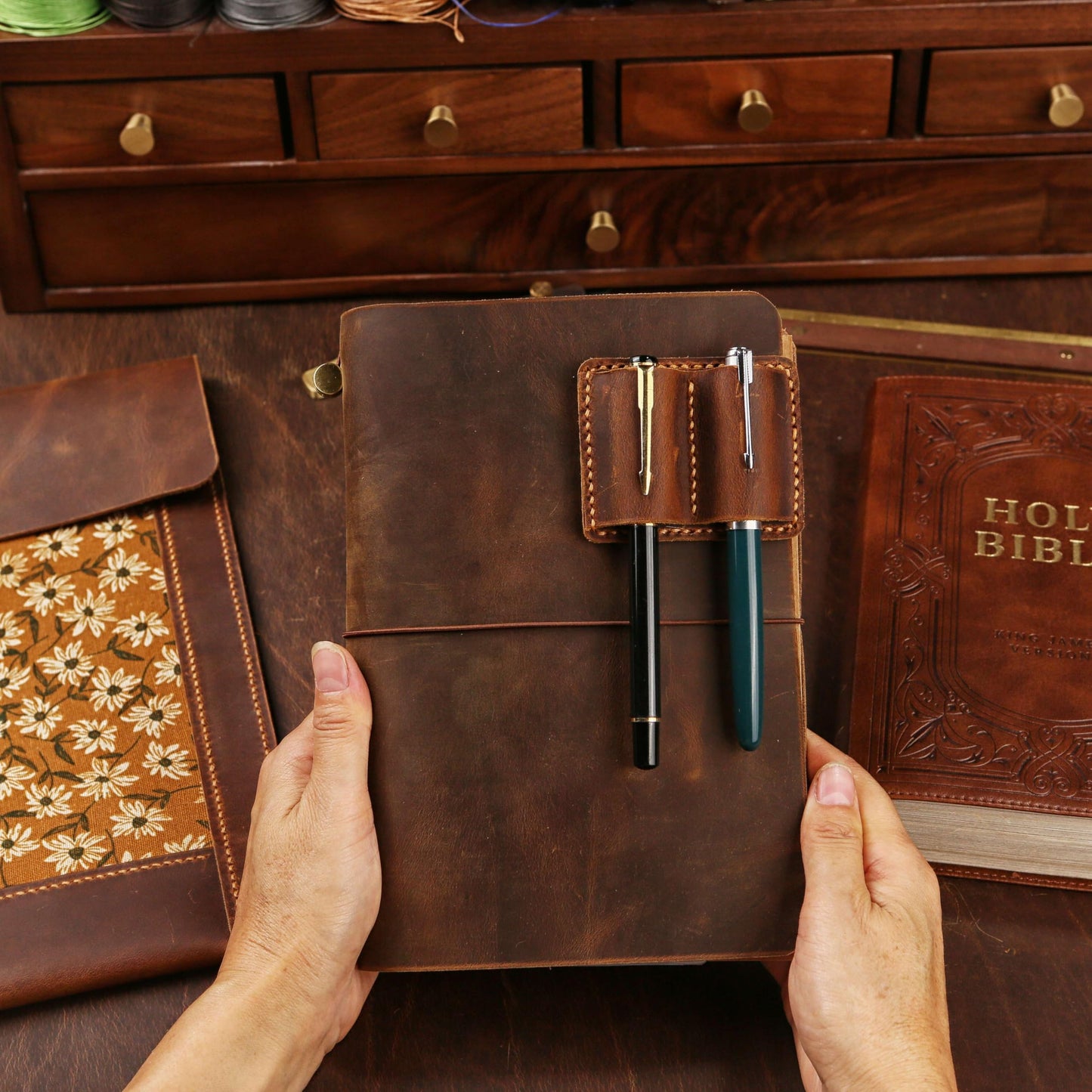 Leather A5 Travelers Notebook Cover with Inner Pockets and Card Slots and Pen Holder (Inches, A5-8.3 x 5.8)
