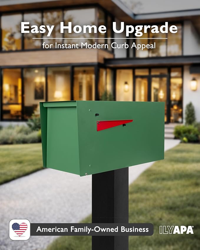 Ilyapa Modern Mailbox for Outside Post Mount - Green Powder Coated Metal Mailbox, Waterproof Letter Box for Parcels, with Recessed Magnetic Close Door