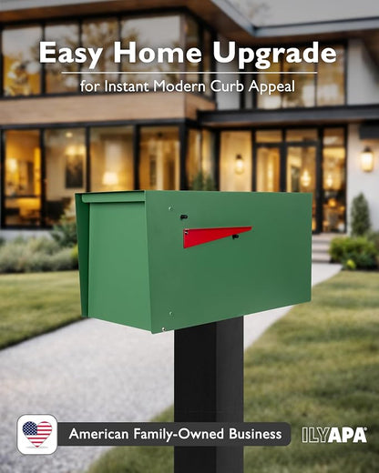 Ilyapa Modern Mailbox for Outside Post Mount - Green Powder Coated Metal Mailbox, Waterproof Letter Box for Parcels, with Recessed Magnetic Close Door