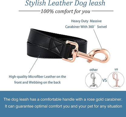 Dog Collar and Leash Set.Soft and Easy to Clean Vegan Leather with Rose Gold Metal Buckle for Small Medium Large Dogs (Black, M(13.8"-19.7"))