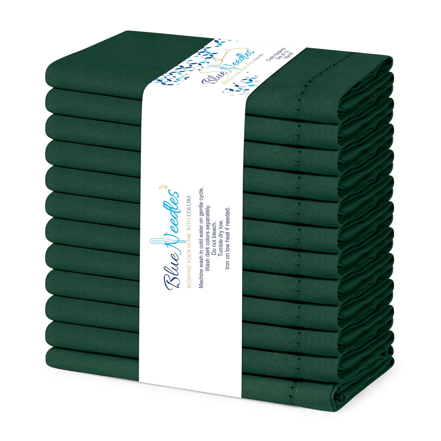 Blue Needles Set of 6 Hemstitch Linen Napkins 100% Cotton Forest Green Cloth Dinner Napkins 18x18 inches, Soft, Reusable, Absorbent, Washable, Ideal for Spring Summer Easter Parties & Everyday Use