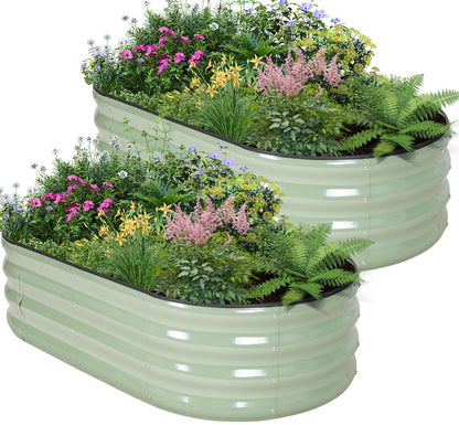 BIRDSINYARD Galvanized Raised Garden Bed - 4×2×1ft (2 Packs) Planter Raised Beds for Gardening | Oval Metal Garden Planter Box with Safety Edging and Gloves for Vegetables Fruits Flower - AvocadoGreen