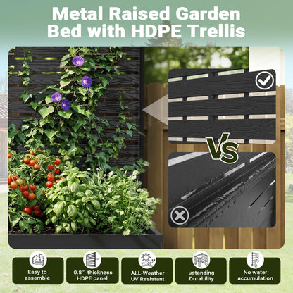 seethmi Metal Raised Garden Bed with Trellis, 35"x16"x47" Planter Box for Vegetables & Climbing Plants, Outdoor HDPE Privacy Screen Planter with Drainage Holes for Patio, Backyard, Garden