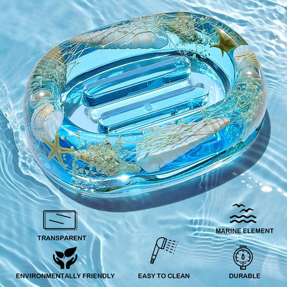 FONMY Soap Dish Acrylic w/Nature Seashell Bar Soap Holder Shower Soap Tray for Home, Camping Travel, Dry Stop soap Saver for Bathroom Vanity Countertop Office Unique Gifts and Home Decoration (Blue)