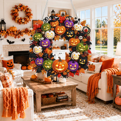 Yunzlly DIY Hanging Halloween Diamond Art Pendant Kit, Special Crystal Pumpkin Diamonds Painting Ornament Kit for Adults Acrylic Board Gem Painting Kit (Pumpkin Wreath)
