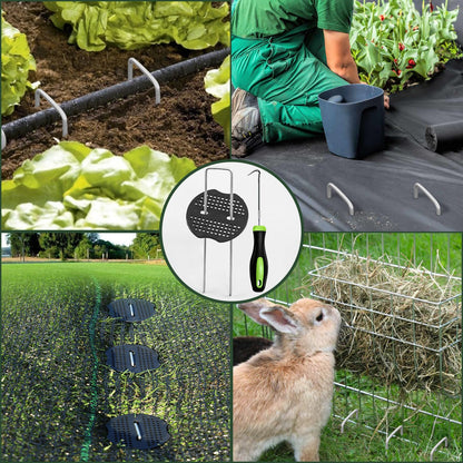 FEED GARDEN Landscape Staples 6 Inch 50 Pack Kit, Heavy Duty 11 Gauge Hot-Dip Galvanized Garden Stakes with 50 Gaskets & 1 Pick Hook for Weed Barrier, Landscape Fabric, Sod, Turf & Garden Edging