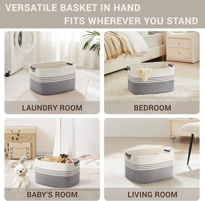 45L Small Laundry Basket with Leather Handles for Living Room Storage, Woven Rope Baskets Bin for Blanket, Kids Toy, Gifts, Wicker Hamper for Bedroom Dirty Clothes, 18"x14"x11" White Grey