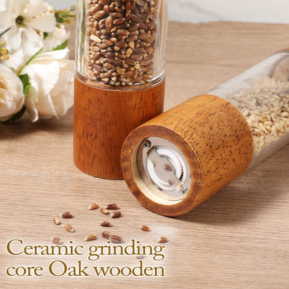 Wooden Salt and Pepper Grinder Set, 8 inch Manual Refillable Wooden Salt and Pepper Shakers Mill with Tray, Adjustable Coarseness, Solid Wood with Ceramic Stainless Steel Core, Transparent - 2 Packs
