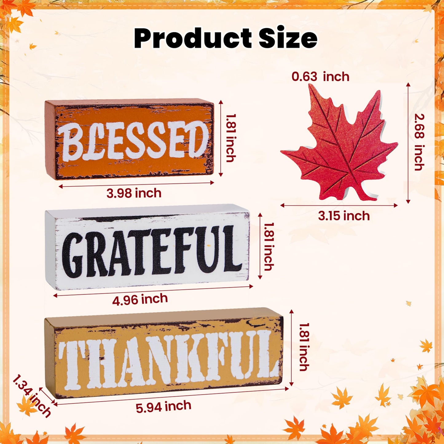OLANRUN Thanksgiving Fall Decorations for Home, 4 PCS Wooden Fall Table Decor with Letter, Handmade Crafts Autumn Thanksgiving Decor Indoor for Office Farmhouse Home Bedroom Kitchen Mantel Tiered Tray
