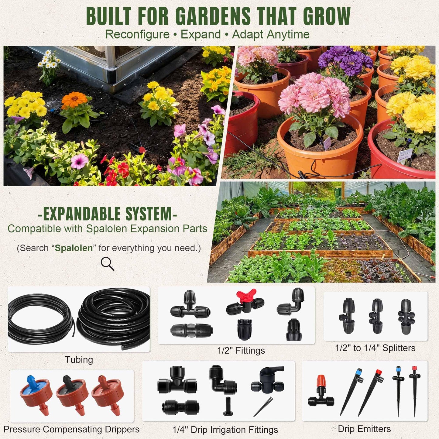 Spalolen Push-to-Connect Drip Irrigation System Kit, 2-Zone Garden Watering System with 50FT 1/2" Mainline, Leak-Resistant Quick Connect Fittings, Adjustable Emitters for Raised Beds, Greenhouse