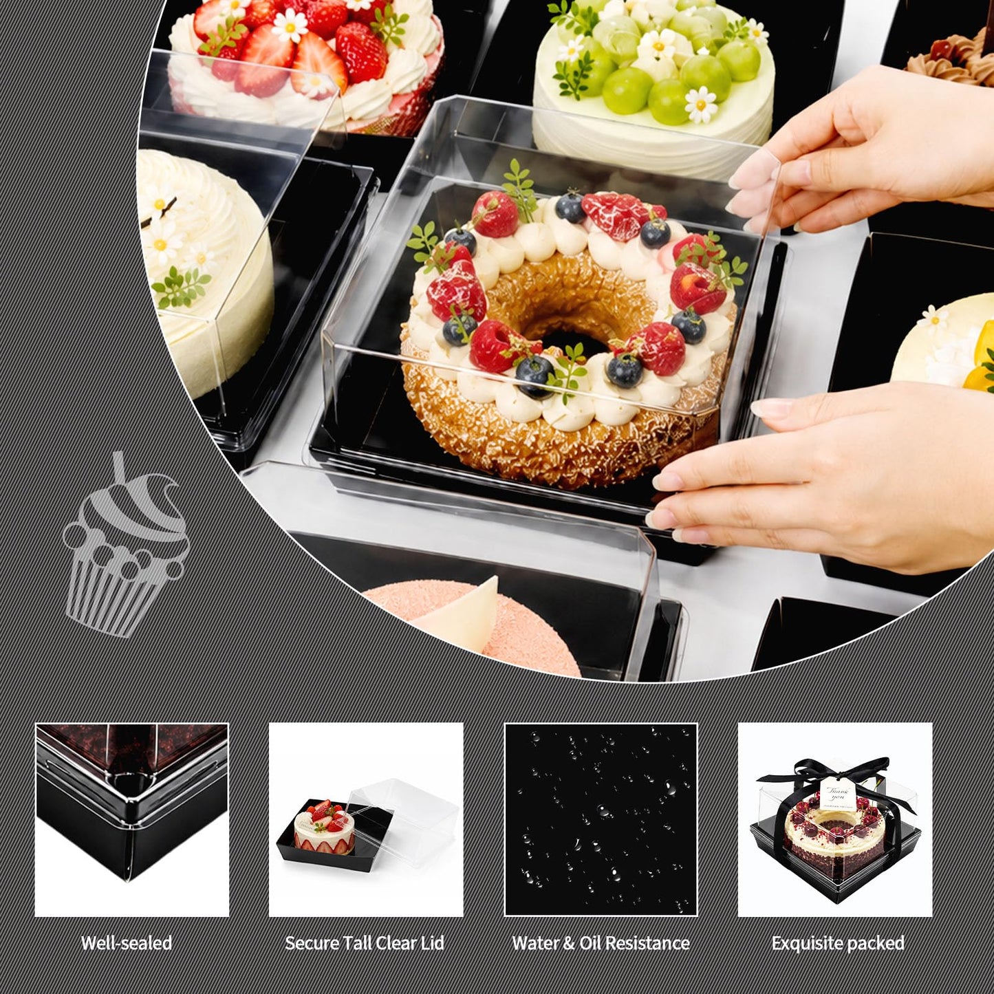 DeziWood 7 x 7 x 4 Inches Paper Cake Boxes with Clear Lids, 50 Pack Black Large Charcuterie Square Food Containers, Halloween Day Disposable Bakery Boxes for 4-6 Inch Bundt Cake, Pie, Dessert