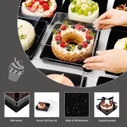 DeziWood 7 x 7 x 4 Inches Paper Cake Boxes with Clear Lids, 50 Pack Black Large Charcuterie Square Food Containers, Halloween Day Disposable Bakery Boxes for 4-6 Inch Bundt Cake, Pie, Dessert