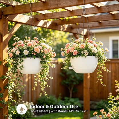 zople 2 Pack 12 Inch Self Watering Hanging Planters for Indoor Plants, Large White Plastic Hanging Pots with Chains for Outdoor Patio Garden Home Decor White